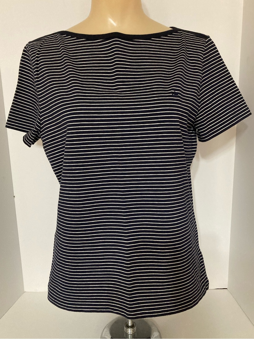Navy Blue w/ White Stripes Boatneck Tee. Item # SSct27